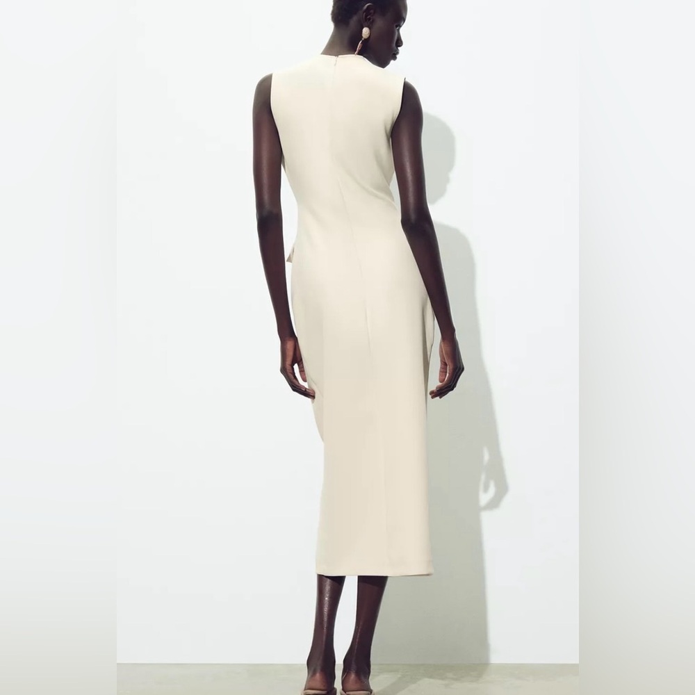 Zara NWT Elegant Cream Sleeveless Belted Midi Dress with Gold Details (Medium) - Picture 15 of 16